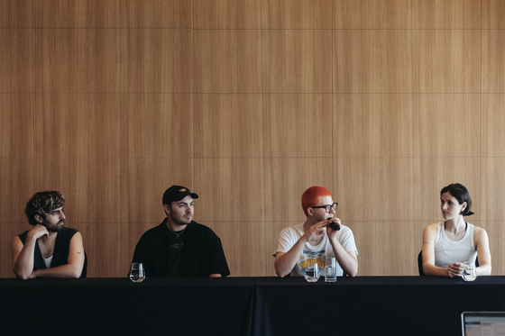 Canadian pop band Valley poses for photos speaks to the local press on Tuesday morning at the InterContinental Seoul COEX hotel in southern Seoul held ahead of its concert in the evening the same day. [UNIVERSAL MUSIC]
