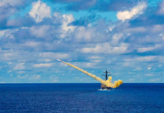 The U.S. Navy Arleigh-Burke-class guided missile destroyer USS Curtis Wilbur launches a harpoon surface-to-surface missile during Pacific Vanguard (PACVAN) quadrilateral exercises between Australia, Japan, Republic of Korea, and U.S. Naval forces in the Philippine Sea May 26, 2019. [REUTERS]