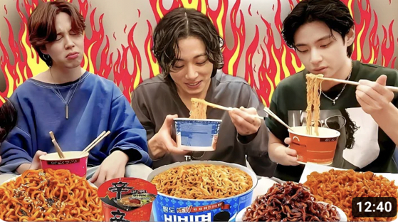 BTS members demonstrate their love for Korean ramyeon, trying out variety of instant noodle products in reality shows such as “In The Soop,” “Bon Voyage” and “Run BTS” on BTS’s official YouTube channel “BANGTANTV.” [SCREEN CAPTURE]