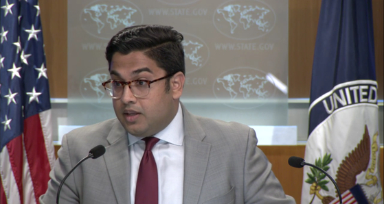 Vedant Patel, principal deputy spokesperson of the U.S. Department of State, speaks with the press in Washington on Monday. [SCREEN CAPTURE]