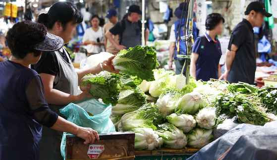 Consumers shop for napa cabbages at a traditional market in Seoul on Sunday amid soaring grocery prices. [NEWS1]