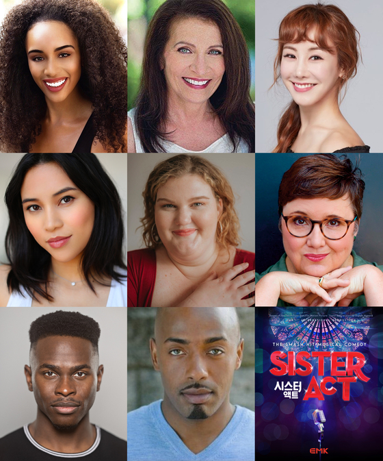 The cast of the upcoming international production of "Sister Act," from left, clockwise: Nicole Vanessa Ortiz, Mary Gutzi, So Hyang "Sophie" Kim, Kat Capili, Jenna Rose Husli, Shannon Haddock, Christopher Scurlock and Kris Coleman [EMK MUSICAL COMPANY]