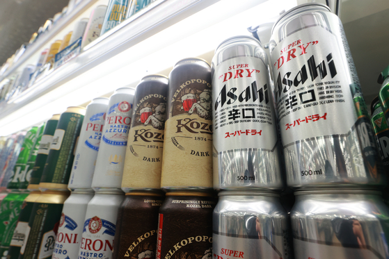 Japanese beer Asahi displayed at a supermarket in Seoul on July 17 [YONHAP] 