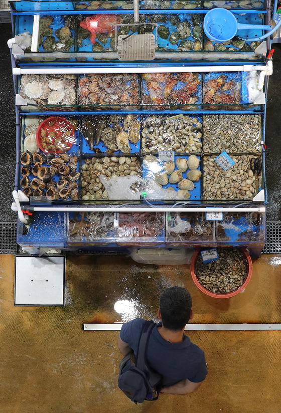 A foreign tourist browses the offerings on display at the Noryangjin Fish Market in southern Seoul on Wednesday. Officials from Korea and Japan met on Wednesday to discuss technologies and related issues behind the discharge of treated radioactive water from the Fukushima nuclear power plant. [NEWS1]