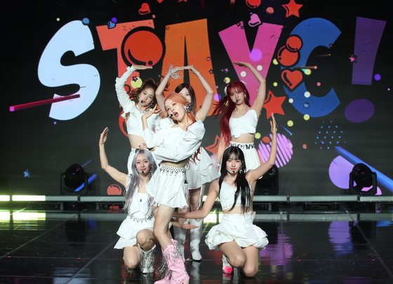 Girl group STAYC performs its lead track ″Bubble″ during a showcase held at the Ilchi Art Hall in Gangnam District, southern Seoul on Wednesday ahead of the album release [NEWS1]