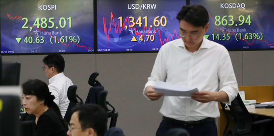 Electronic display boards at Hana Bank in central Seoul show Korea's markets on Thursday. [NEWS1]