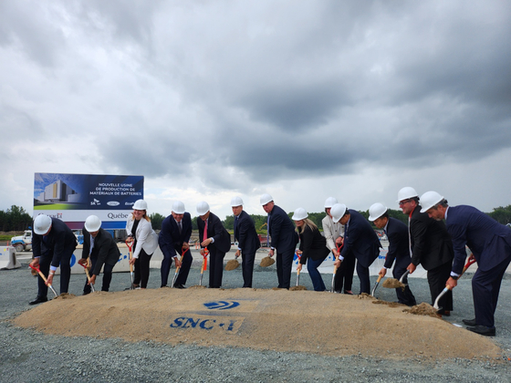 Officials of SK On, EcoPro BM, Ford and the Canadian government attend a groundbreaking ceremony for a new cathode plant at Quebec, Canada, Thursday. [SK ON]