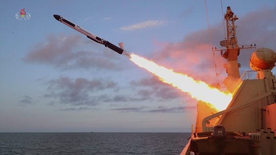 Pyongyang's state-controlled Korean Central Television released this photograph of a suspected Hwasal-2 cruise missile being launched from a new North Korean naval frigate on Monday. [YONHAP]