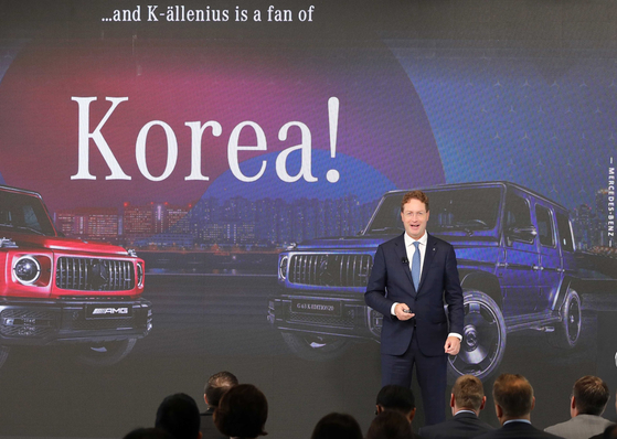 Mercedes-Benz Chairman Ola Kallenius speaks during a press conference held in central Seoul on Thursday. [MERCEDES-BENZ KOREA]