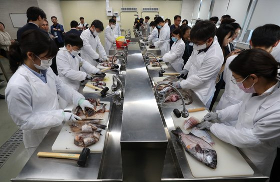 Staff from the Ministry of Food and Drug Safety conduct radioactivity tests on Japanese seafood at the Busan Regional Food and Drug Administration in Busan on May 25. [YONHAP] 