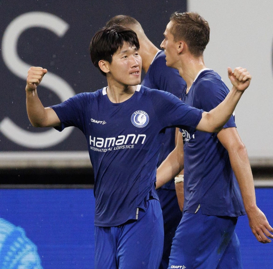 KAA Gent's Hong Hyun-seok celebrates after scoring in injury time at the end of the first leg of a Europa Conference League playoff against Cypriot club Apoel at Ghelamco Arena in Ghent, Belgium on Thursday in a photo posted to the club's official Instagram account. Gent won the game 2-0 as they look set to reach the Europa Conference League group stage for the third consecutive season.  [SCREEN CAPTURE]