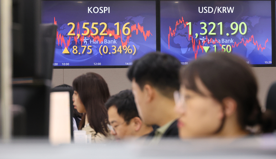 Screens in Hana Bank's trading room in central Seoul show the Kospi closing at 2,552.16 points on Tuesday, up 0.34 percent, or 8.75 points, from the previous trading session. [YONHAP]