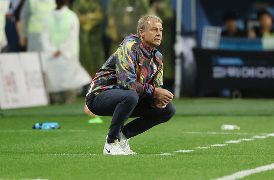 Korean national team head coach Jurgen Klinsmann reacts during a friendly against El Salvador at Daejeon World Cup Stadium in Daejeon on June 20.  [YONHAP]