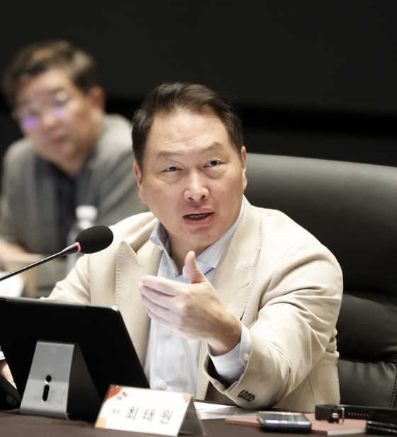 SK Group Chairman Chey Tae-won speaks during the 2023 SK Group Extended Management Meeting in June. [SK GROUP]