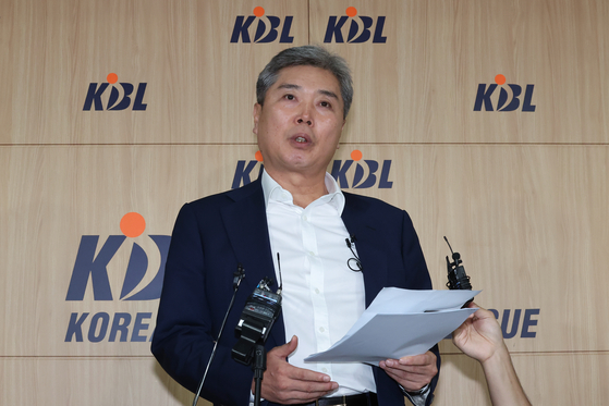 Busan KCC Egis Sporting Director Choi Hyung-gil speaks to reporters after the KBL general assembly meeting held at the KBL Center in southern Seoul on Wednesday. [YONHAP]