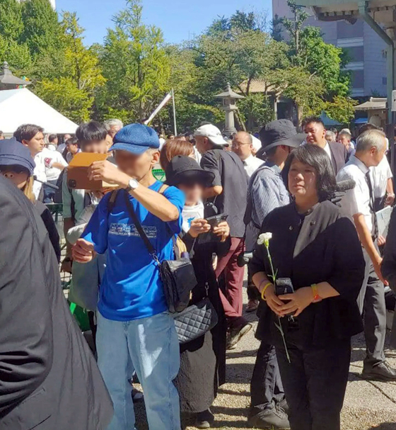 Independent Rep. Yoon Mee-hyang attends an event to commemorate the 100th anniversary of the 1923 Great Kanto earthquake at Yokoamicho Park in Tokyo organized by the General Association of Korean Residents in Japan last Friday in a photo shared on her Facebook account. [YONHAP] 