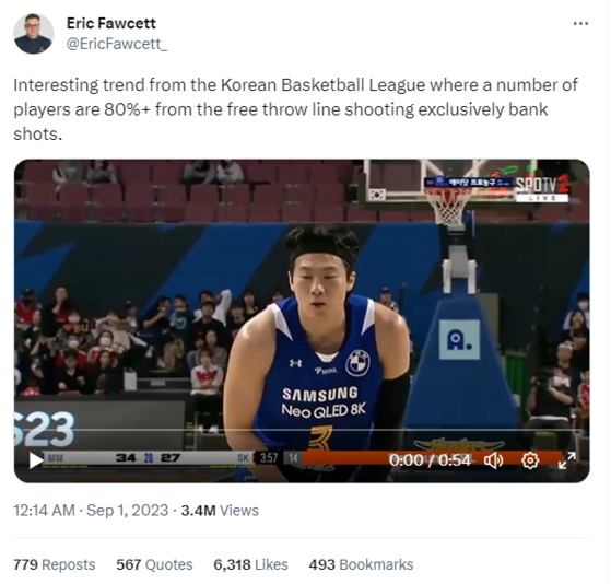 A viral post from basketball coach Eric Fawcett claims that KBL players are scoring more free throws with bank shots.  [SCREEN CAPTURE]