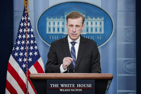 National Security Adviser Jake Sullivan speaks during a press briefing at the White House in Washington on Tuesday. [REUTERS/YONHAP]