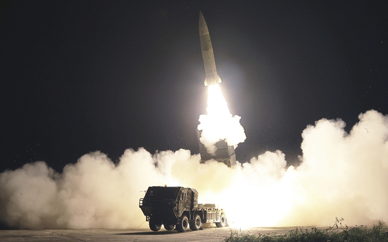 In this photo released by Pyongyang's state-controlled Korean Central News Agency, the North Korean military launches a missile as part of an exercise aimed at rehearsing the ″devastation″ of South Korean command nodes and communications. [YONHAP]