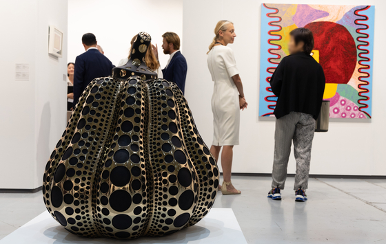 Japanese artist Yayoi Kusama's pumpkin on display at Frieze Seoul 2023 in Coex convention center in southern Seoul.The piece was sold to a Korean collector during the VIP preview held on Wednesday. [YONHAP] 