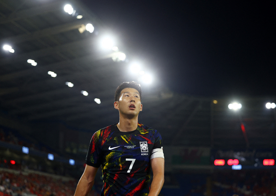 Son Heung-Min reacts after an international friendly between Korea and Wales at Cardiff City Stadium in Cardiff, Britain on Thursday.  [REUTERS/YONHAP]