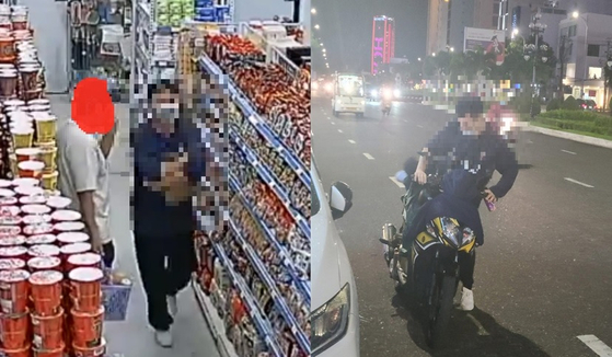 Left: The Daejeon credit union heist suspect is spotted stealing from a Korean supermarket in Vietnam earlier this month in CCTV footage obtained by police. Right: His mode of transportation is a motorcycle he bought in Vietnam. [DAEJEON POLICE AGENCY]
