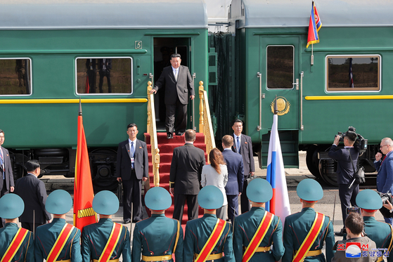 North Korean leader Kim Jong-un arrives at the Vostochny Cosmodrome space launch center in Russia on Wednesday to hold talks with Russian President Vladimir Putin. [KOREAN CENTRAL NEWS AGENCY]