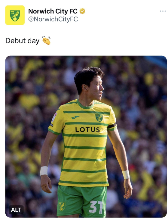 Norwich City mark Hwang Ui-jo's debut in a post on the club's official X, formerly Twitter, account.  [SCREEN CAPTURE]