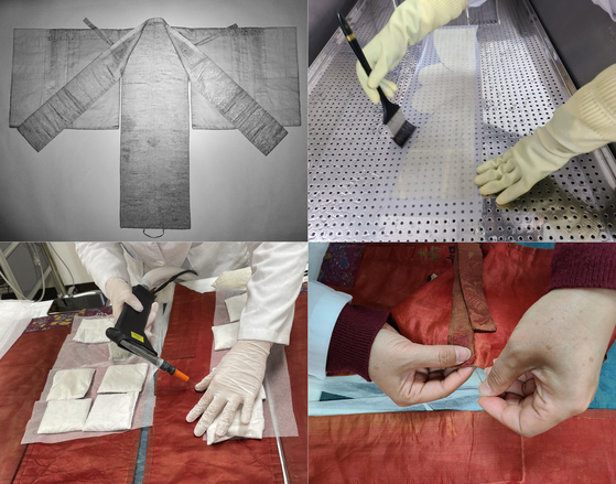 Steps that experts took to restore the hwarot from Lacma, beginning with, clockwise from top left, infrared imaging, cleansing, patching and removing wrinkles. [CULTURAL HERITAGE ADMINISTRATION] 