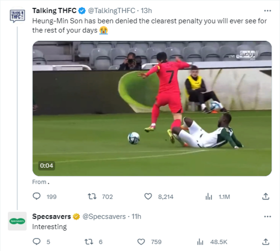 Leading British opticians Specsavers responded to a post on X, formerly Twitter, criticizing referee Andy Madley after he failed to award Son Heung-min a penalty for what appeared to be an obvious foul in the box. [SCREEN CAPTURE]