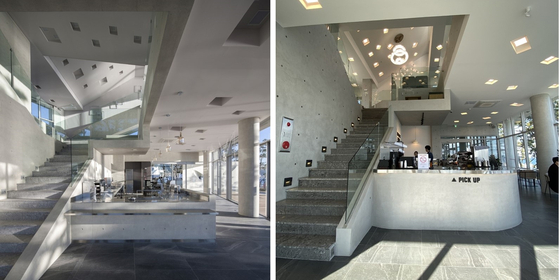 The ground-floor view of Gijang Waveon, left, is compared to the ground-floor view of a cafe in Ulsan. [IDMM ARCHITECTS]