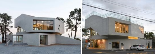 The anterior view of Gijang Waveon, left, is compared to the anterior view of a cafe in Ulsan. [IDMM ARCHITECTS]