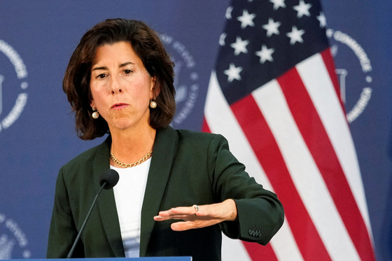 FILE PHOTO: U.S. Secretary of Commerce Gina Raimondo attends a press conference at the Boeing Shanghai Aviation Services near the Shanghai Pudong International Airport, in Shanghai, China August 30, 2023. [REUTERS]