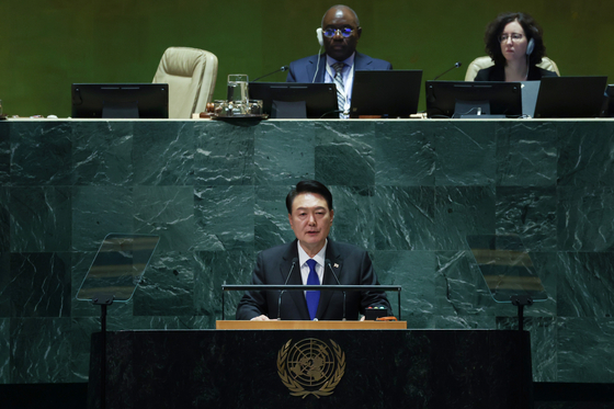 South Korean President Yoon Suk Yeol speaks at the 78th session of the UN General Assembly at the United Nations headquarters in New York on Wednesday. [JOINT PRESS CORPS]