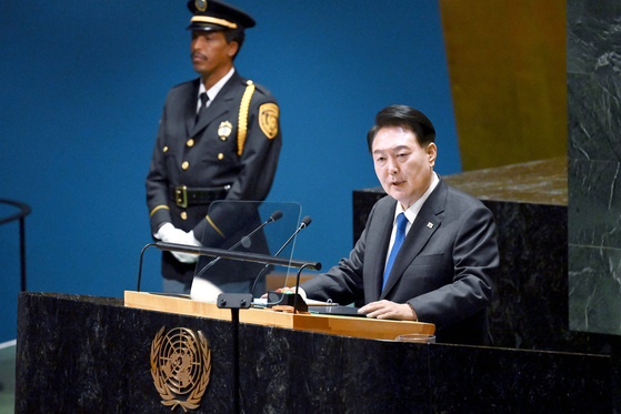 South Korean President Yoon Suk Yeol speaks at the 78th session of the UN General Assembly at the United Nations headquarters in New York on Wednesday. [JOINT PRESS CORPS] 