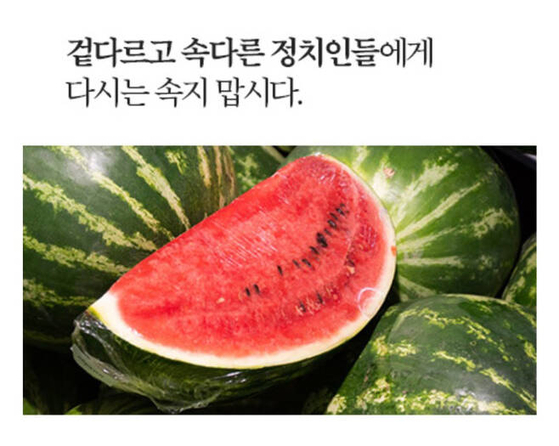 An online image of a watermelon circulating on pro-Lee Jae-myung websites reads, ″Let's not be deceived ever again by two-faced politicians.″ The fruit's green rind and red flesh are being used as a metaphor to refer to Democratic Party lawmakers who voted to allow Lee's arrest. [SCREEN CAPTURE]