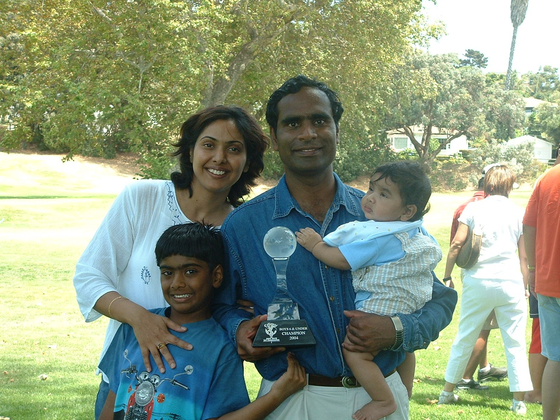 Sahith Theegala with his Karuna and Muralidhar and his brother Sahan after winning the Boys Under 6 World Junior Championship.  [SAHITH THEEGALA]