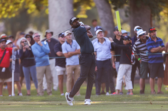 Sahith Theegala plays a second shot on the 16th hole during the final round of the Fortinet Championship at Silverado Resort and Spa on Sept. 17, 2023 in Napa, California.  [GETTY IMAGES]
