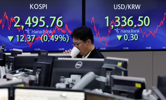 Screens in Hana Bank's trading room in central Seoul show stock and foreign exchange markets close on Monday. [NEWS1]