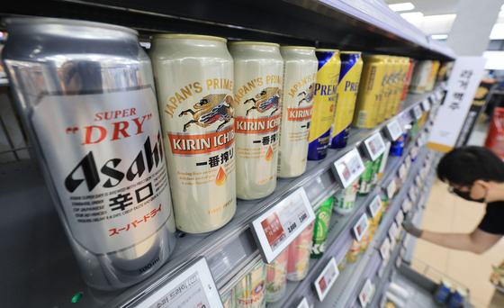 Japanese beer products are displayed at a supermarket in downtown Seoul. [YONHAP]