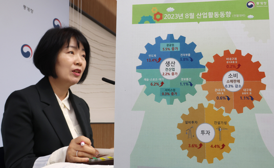 A Statistics Korea official holds a briefing on Korea's monthly industrial output report in the central city of Sejong on Oct. 4. [YONHAP] 