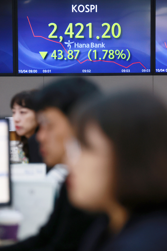 A screen in Hana Bank's trading room in central Seoul shows the Kospi index start on Wednesday. [YONHAP]