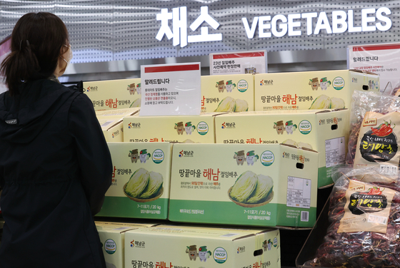 Boxes of pickled napa cabbage are on display in the vegetable aisle at a large supermarket. The consumer price for 20 kilograms (44 pounds) of pickled napa cabbage is around 50,000 won ($37), up 5,000 won from the previous year. The rise in salt prices, personnel expenses, and delivery fees caused the increase, though the actual price of cabbage fell 5.9 percent on year.[YONHAP]