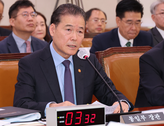 Unification Minister Kim Yung-ho speaks at a parliamentary audit of the Unification Ministry at the National Assembly in western Seoul on Wednesday. [YONHAP] 