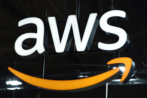 The logo of Amazon Web Services (AWS) is seen on the opening day of the Integrated Systems Europe (ISE) audiovisual and systems integration exhibition in Barcelona on January 31, 2023. [AFP/YONHAP]