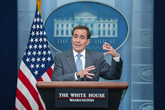 U.S. National Security Council spokesman John Kirby speaks during a press briefing at the White House in Washington on Thursday. [AP/YONHAP]