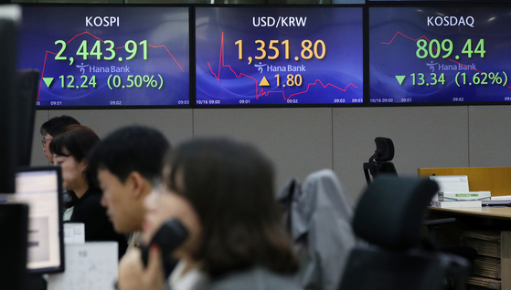 Screens in Hana Bank's trading room in central Seoul show stock and foreign exchange markets open on Monday. [NEWS1]