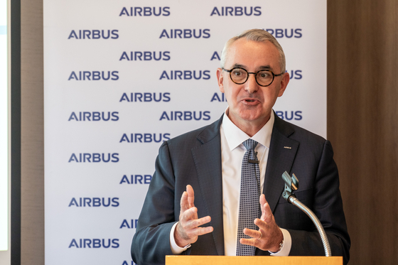 Loic Porcheron, Airbus chief representative for Korea, speaks during a press conference held at Lotte Hotel in central Seoul on Monday. [AIRBUS]