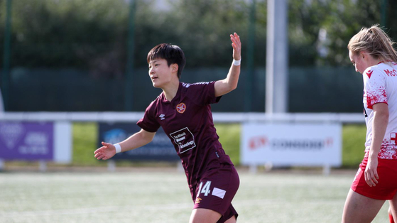 Park Ye-eun celebrates after scoring for Heart of Midlothian in a Scottish Women's Premier League game against Spartans FC Women at Ainslie Park Stadium in Edinburgh on Sunday in a photo posted to the official Hearts X, formerly Twitter, page.  [SCREEN CAPTURE]