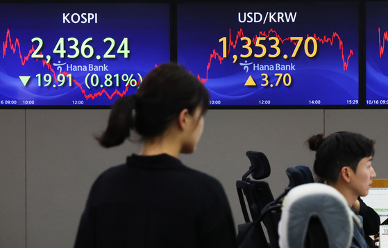 Screens in Hana Bank's trading room in central Seoul show stock and foreign exchange markets close on Monday.